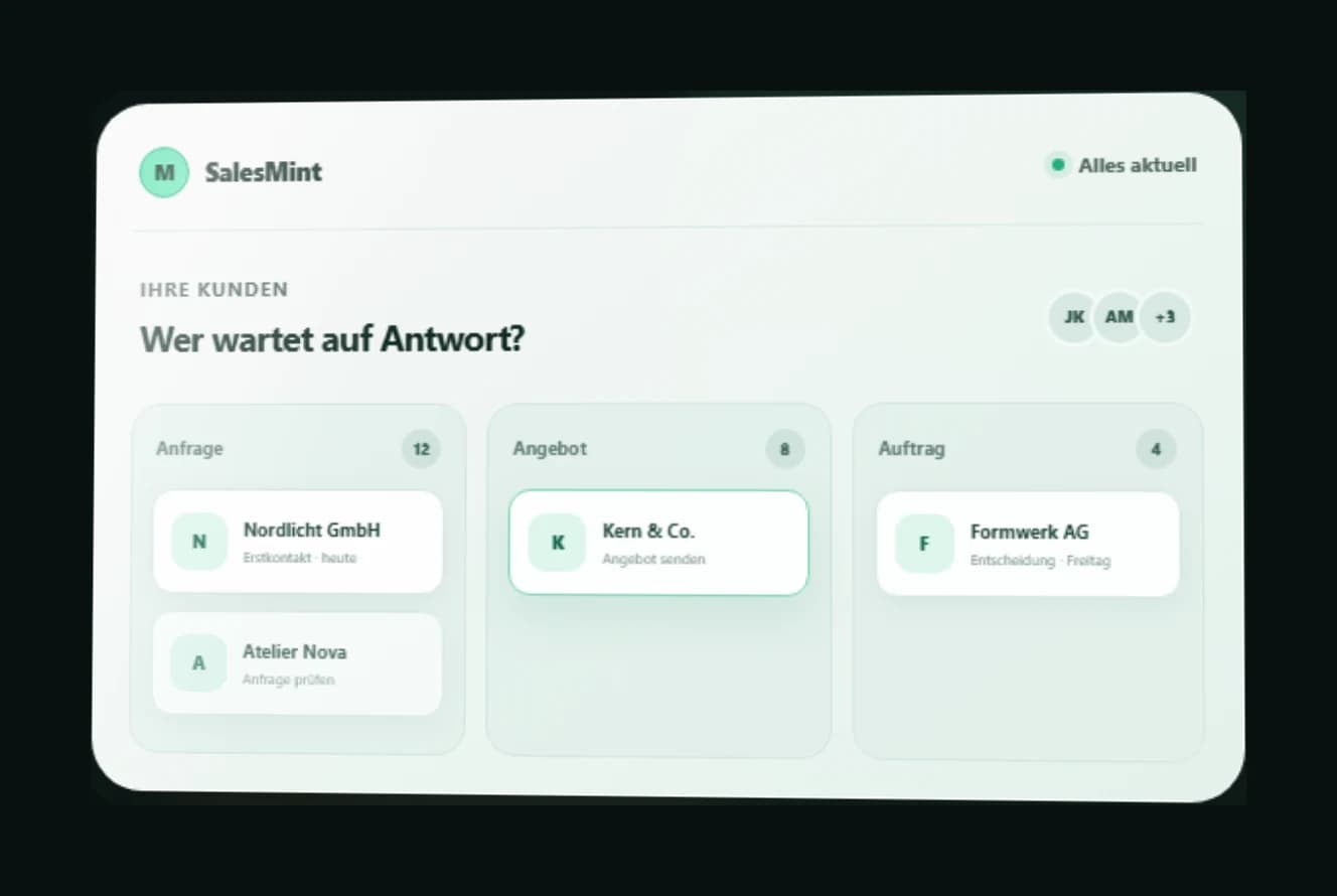 SalesMint-Pipeline mit synthetischen Beispielleads in den Stufen Anfrage, Angebot und Auftrag